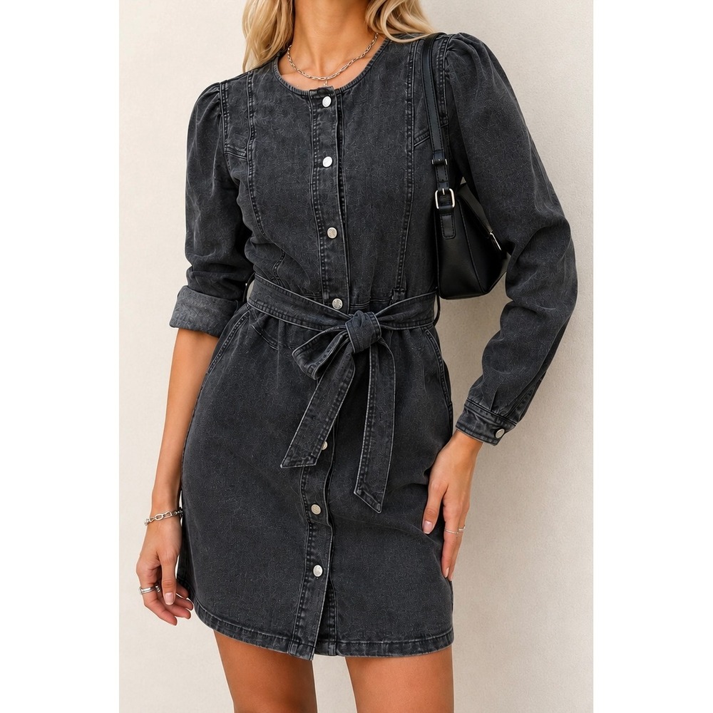 Habitual Women M Washed Black Gray Denim‎ Mini Dress Snap Front Tie Belt